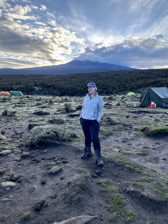In front of Mount Kilimanjaro at daybreak on Dec. 31, 2021, the third day of hiking toward the summit